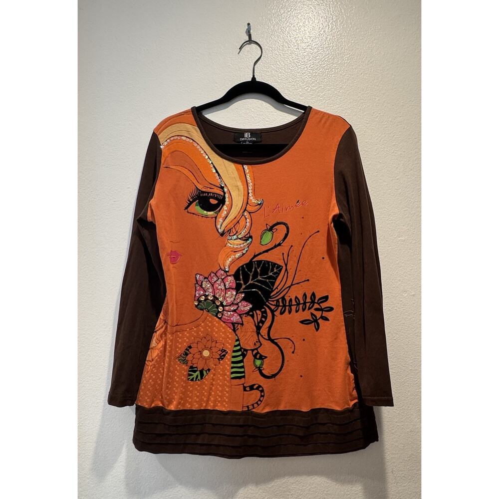 Vintage IB Diffusion Women's Size XL Face Art To Wear Shirt‎ Orange Brown Retro
